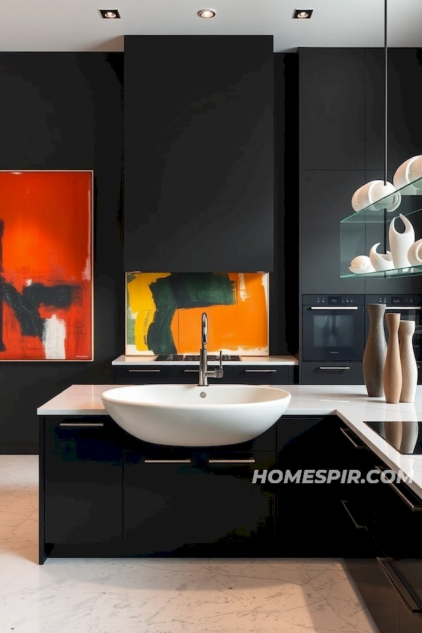 Monochrome Cabinets with Artistic Decor