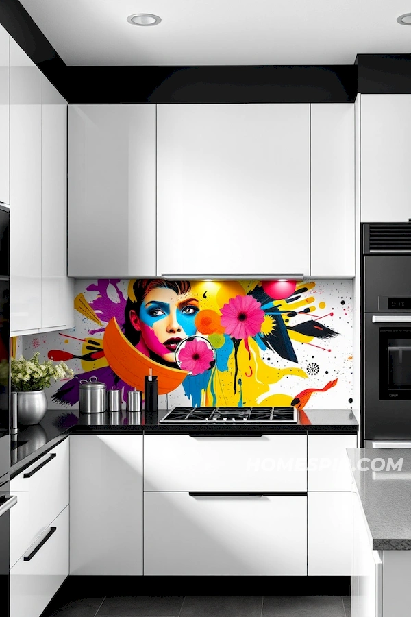 Monochrome Cabinets with Vibrant Art Backsplash