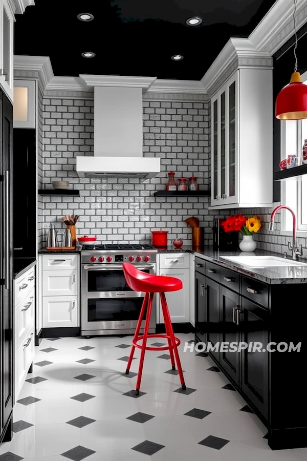 Monochrome Kitchen with Bold Red Highlights