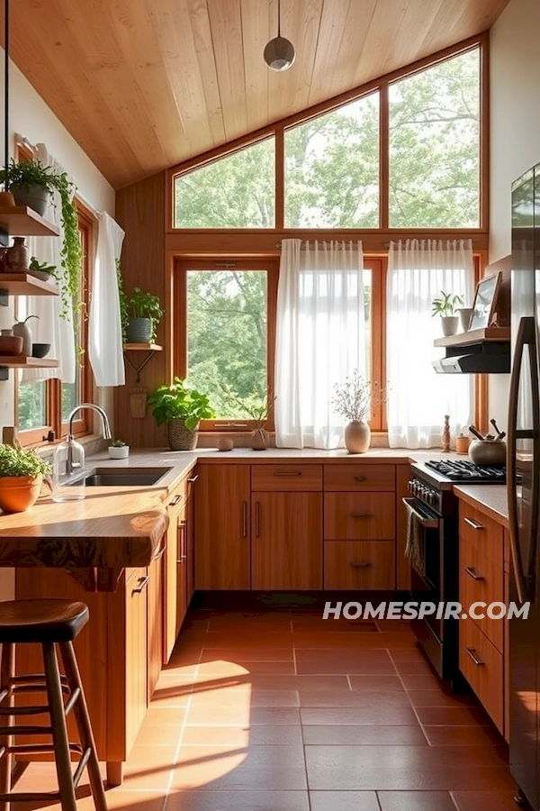 Nature-Inspired Mid-Century Kitchen with Large Windows