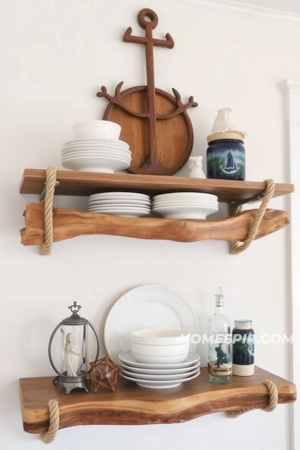 Nautical Dishware on Driftwood Kitchen Shelves