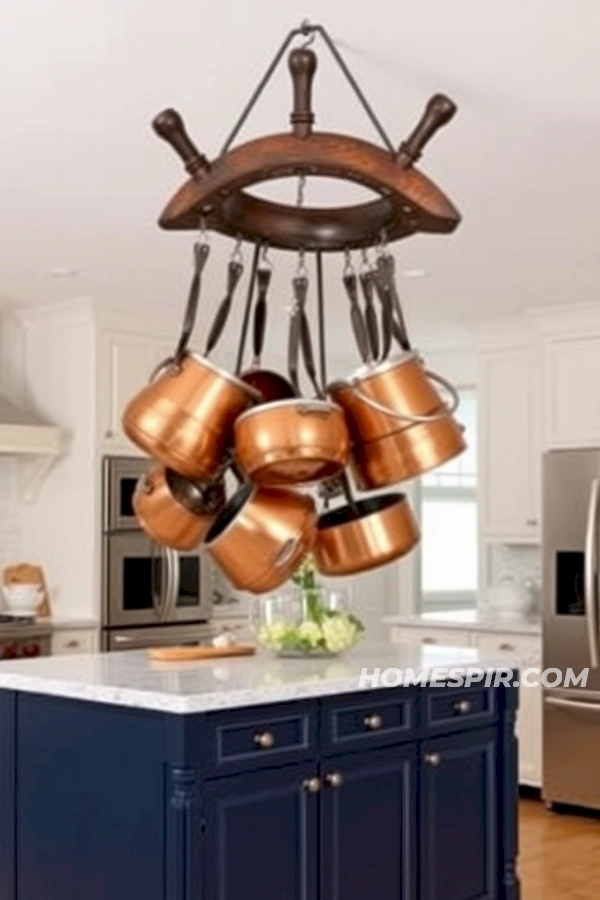 Nautical Kitchen with Ship Wheel Pot Rack