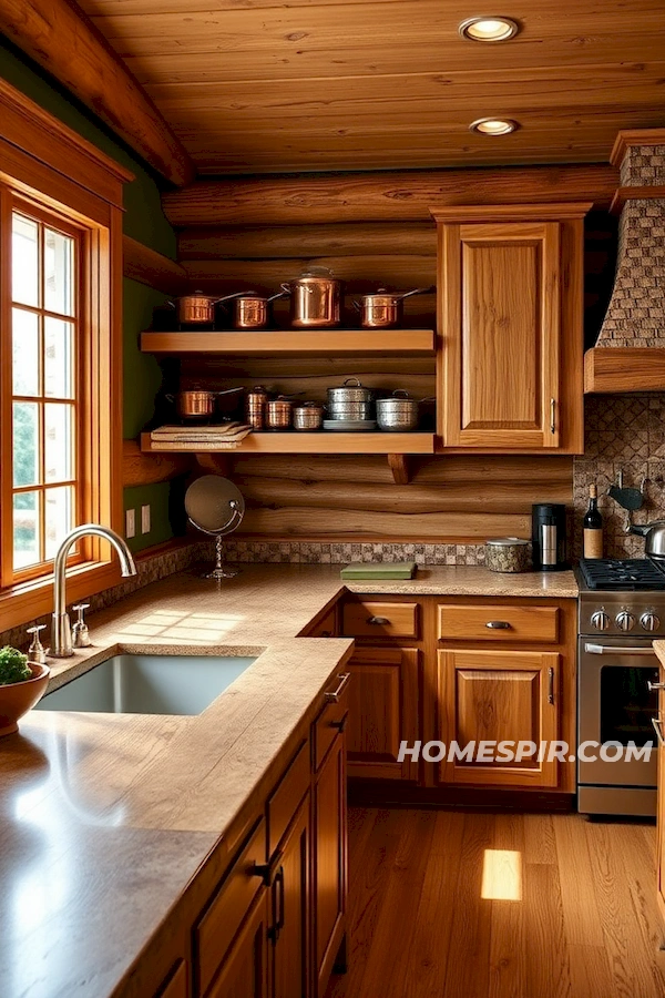 Oak Cabinetry in Cozy Log Kitchen Design