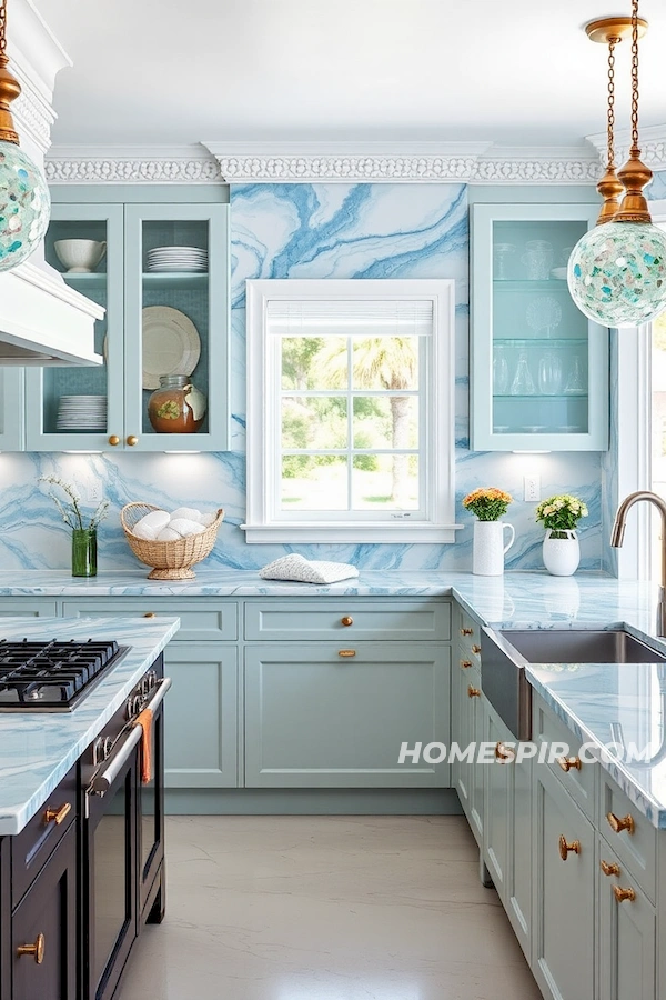 Ocean Wave Marble and Seashell Trim in Kitchen