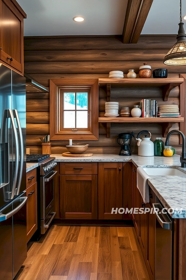 Open Shelving in Sleek Log Kitchen