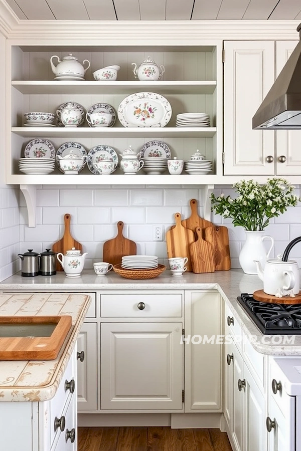 Open Shelving with Floral Chinaware in French Style