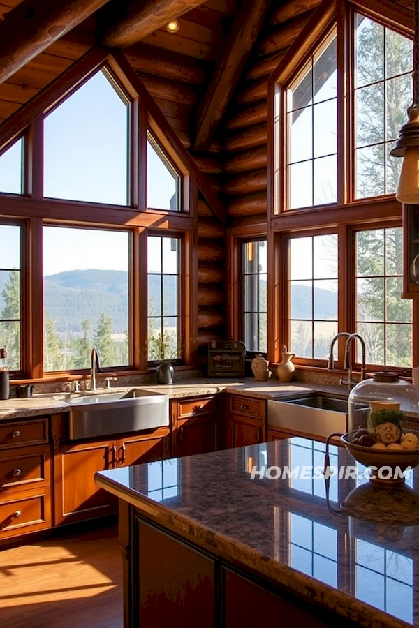 Panoramic Windows Illuminate Rustic Kitchen