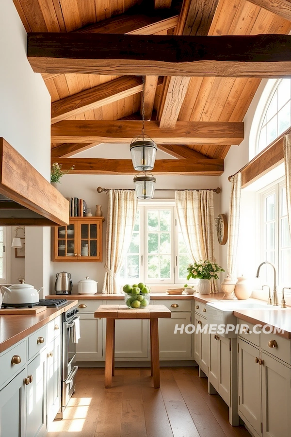 Pastel Cabinetry in Rustic Sunlit Kitchen