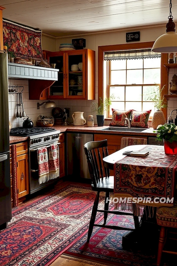 Patchwork and Embroidered Runners in Kitchen