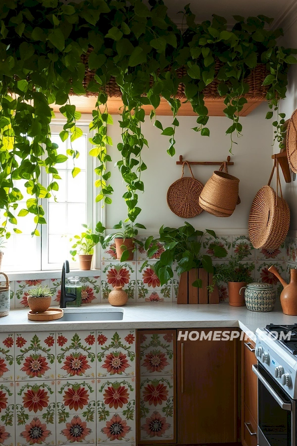 Patterned Tiles and Plant Adorned Kitchen