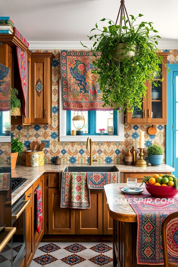 Playful Tapestries in Colorful Eclectic Kitchen