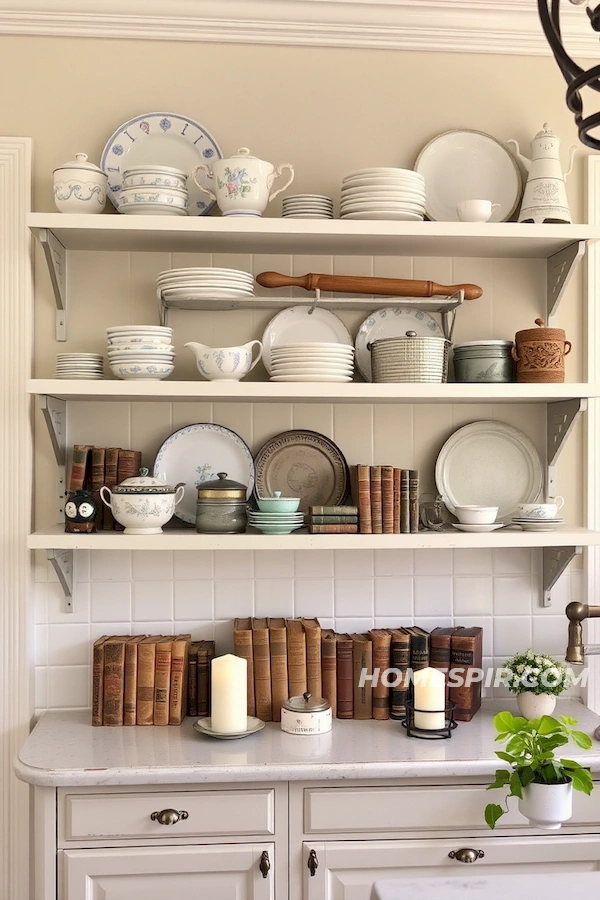 Porcelain and Metal Tins in Shabby Chic Display