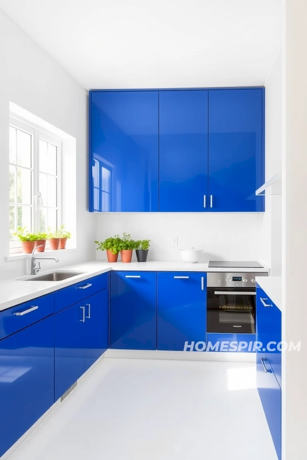 Potted Herbs Adding Green to Minimalist Blue Kitchen