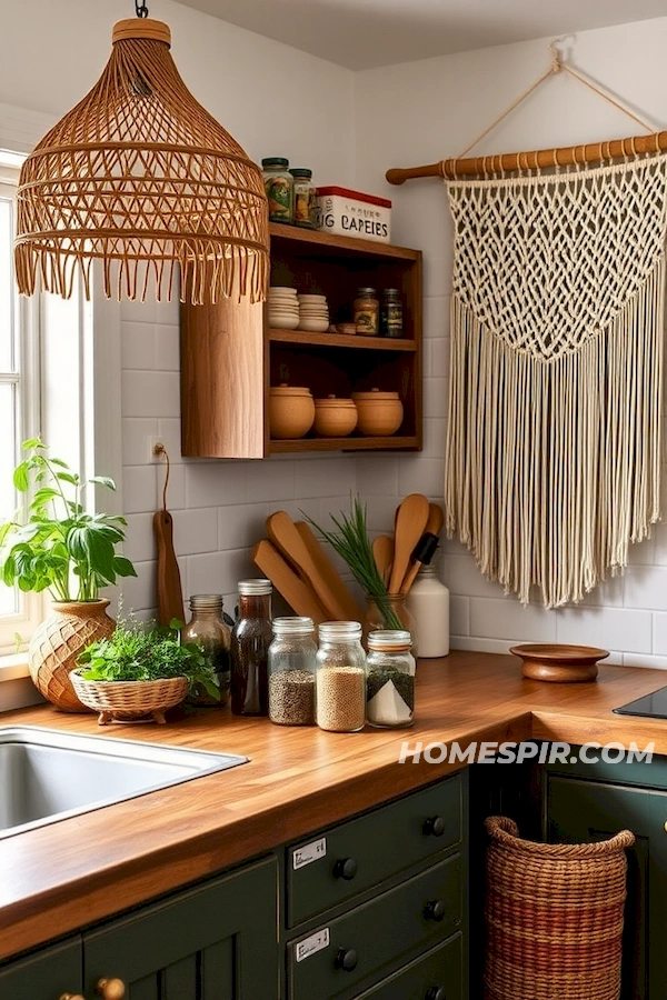 Rattan Pendant Lights in Boho Kitchen