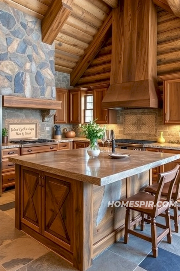 Reclaimed Wood and Stone Merge in Log Kitchen