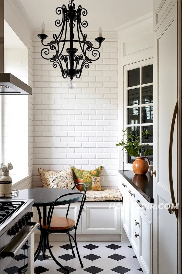 Retro Chic Parisian Kitchen with Wrought-Iron Lighting