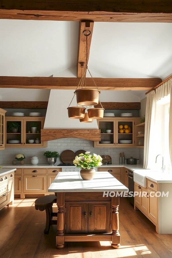 Rustic Beams and Modern Marble in Sunlight Kitchen