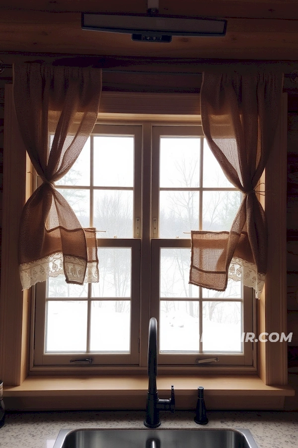 Rustic Burlap Curtains in Log Kitchen