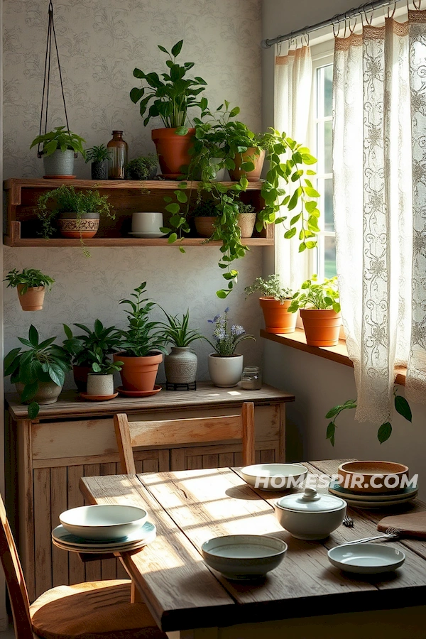 Rustic Charm with Hanging Plants in Shabby Chic Kitchen