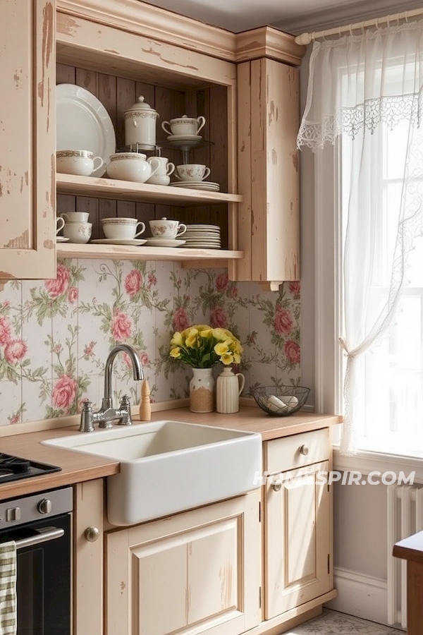 Rustic Kitchen with Pastel Farmhouse Sink and Floral Accents