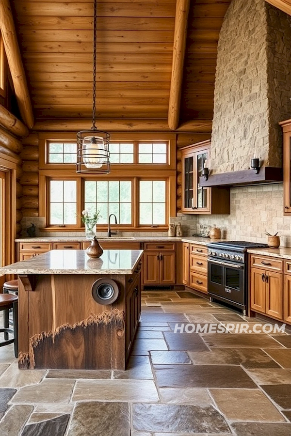 Rustic Log Kitchen with Stone and Wood Harmony