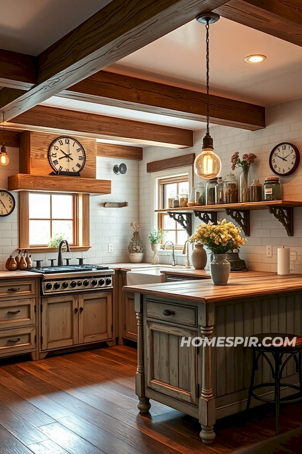 Rustic Vintage Kitchen with Distressed Wood Beams