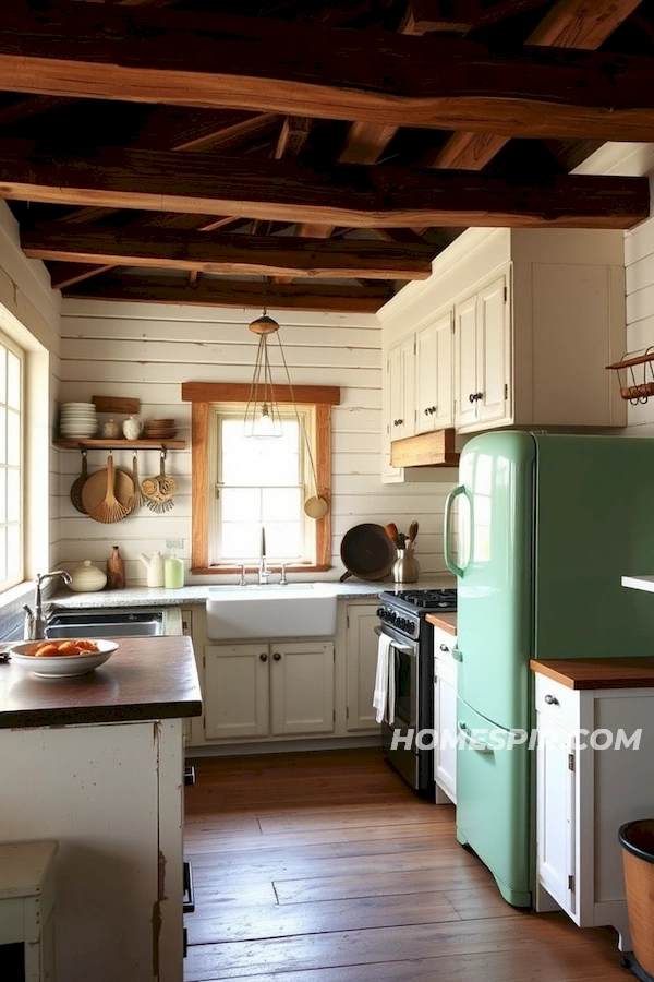 Rustic Vintage Kitchen with Mint Fridge