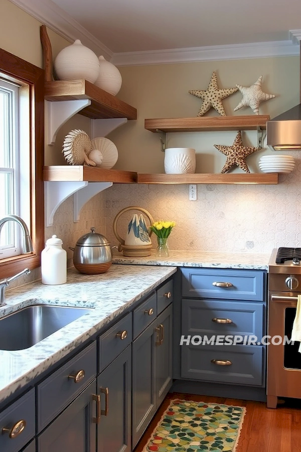 Seashell Pulls and Starfish Decor in Kitchen