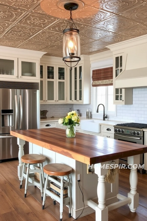 Shabby Chic Kitchen with Weathered Tin Tile Ceiling