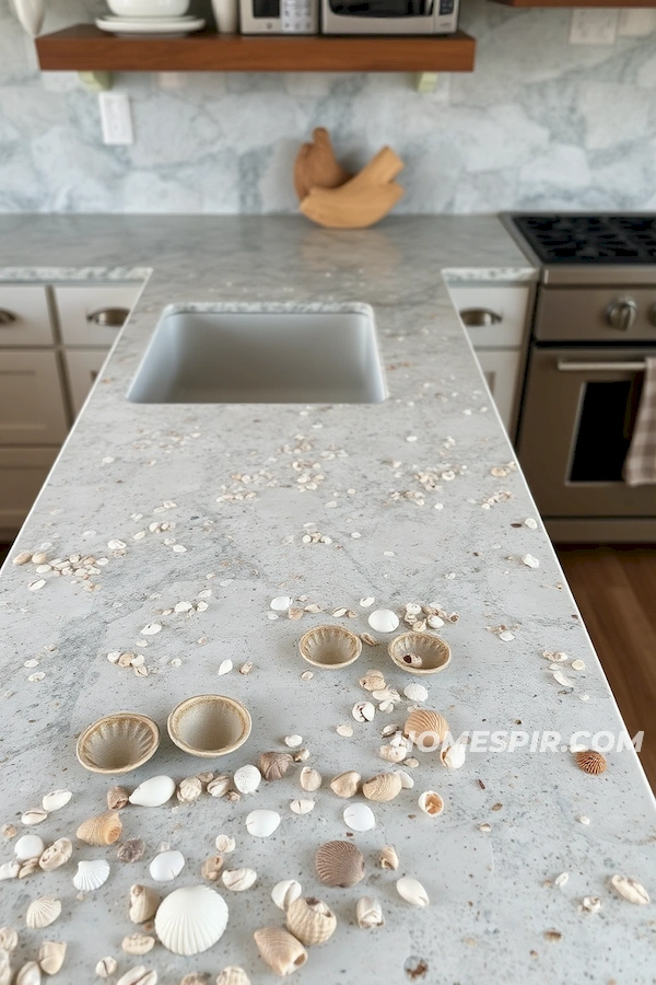 Shell-Embedded Stone Counter with Driftwood