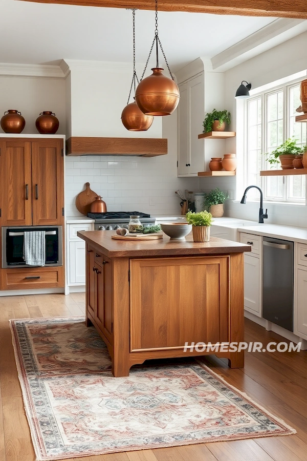 Sleek White Surfaces with Rustic Hanging Copper Pots