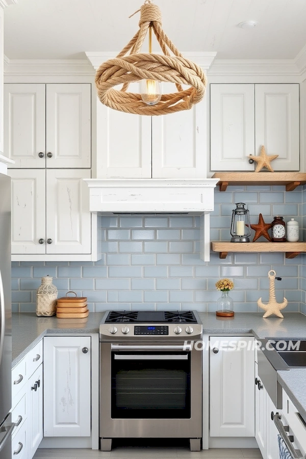 Soft Blue Tiles with Starfish Motifs in Kitchen