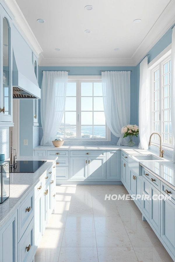 Soft Blues Open Kitchen with Seashell Accents