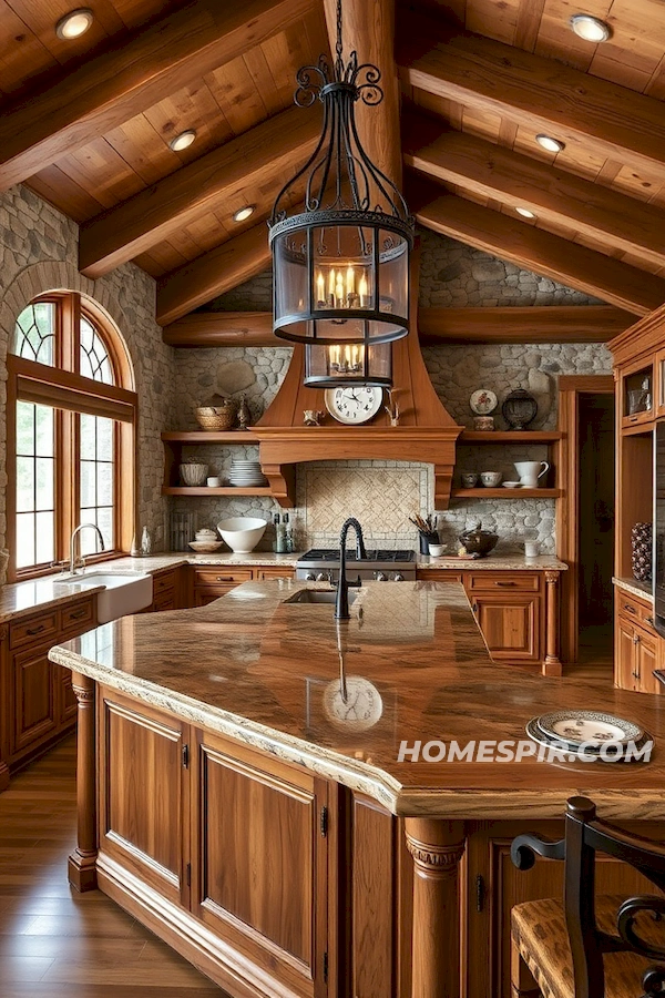 Spacious Log Kitchen with Granite Island