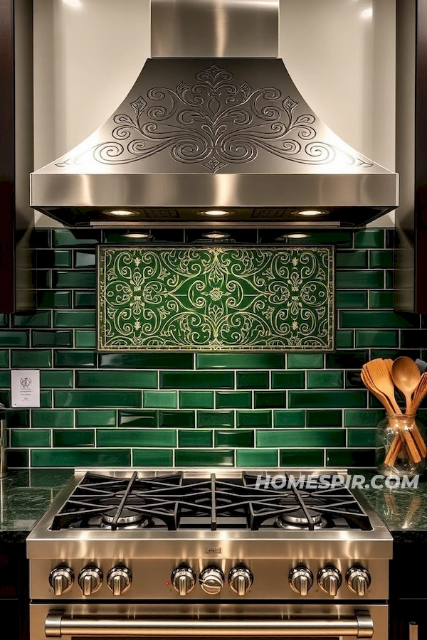 Stainless Steel Accents on Glossy Green Tiles