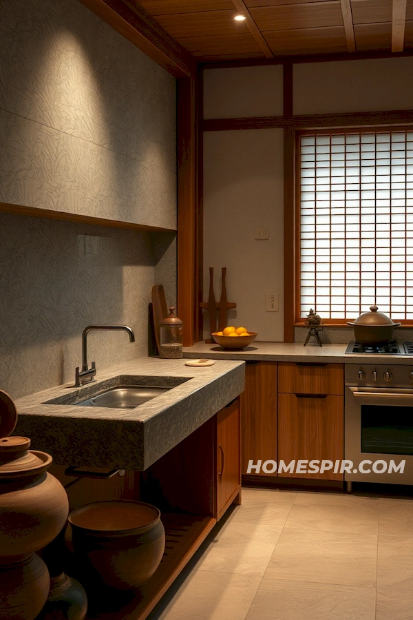 Stone and Wooden Harmony in Japanese Kitchen