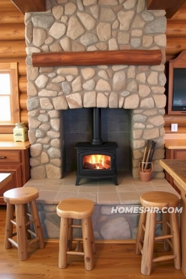 Stone Hearth with Wood Stove in Kitchen