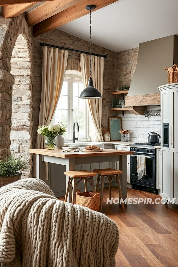 Stone Walls and Textiles in Cozy Kitchen