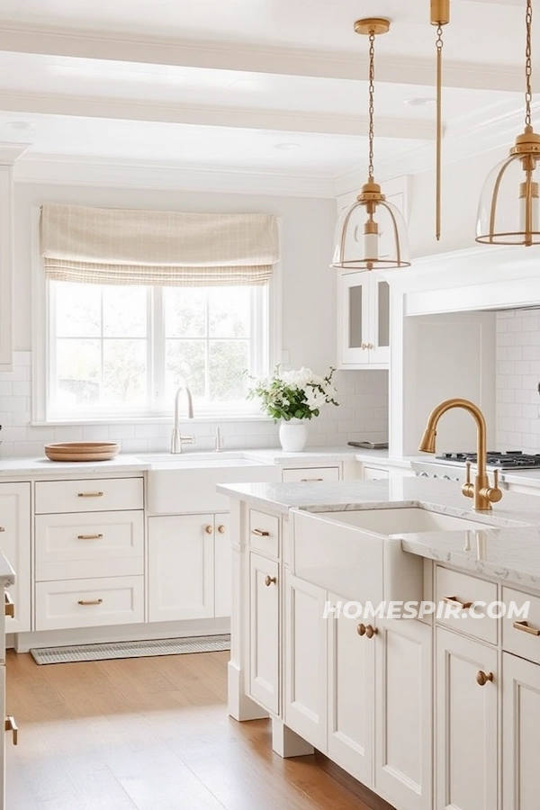 Subway Tile and Brass Accents in White Kitchen