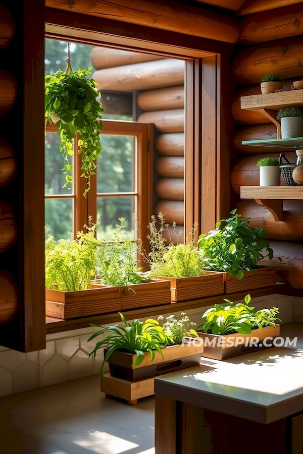 Sunlit Herb Garden Opens to Log Kitchen