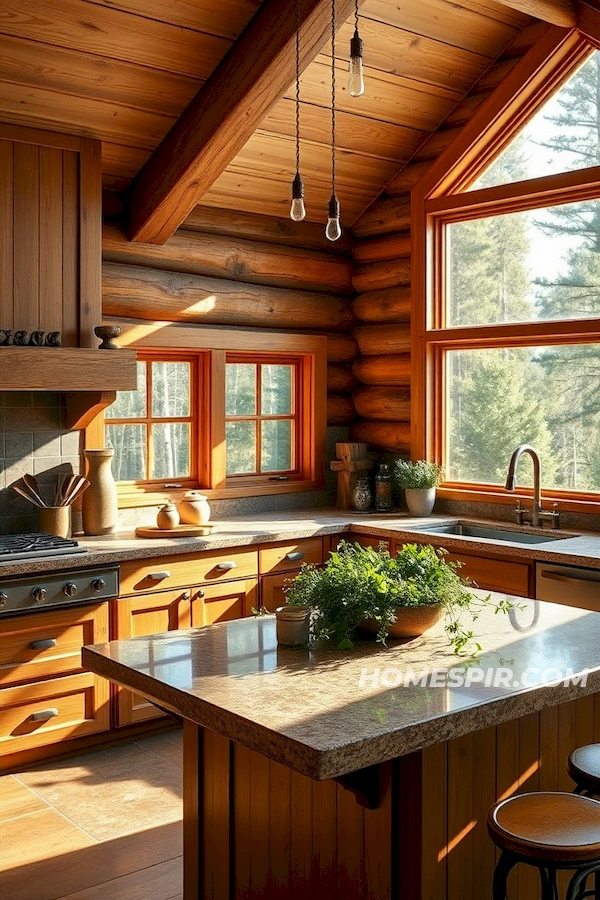 Sunlit Log Home Kitchen Design