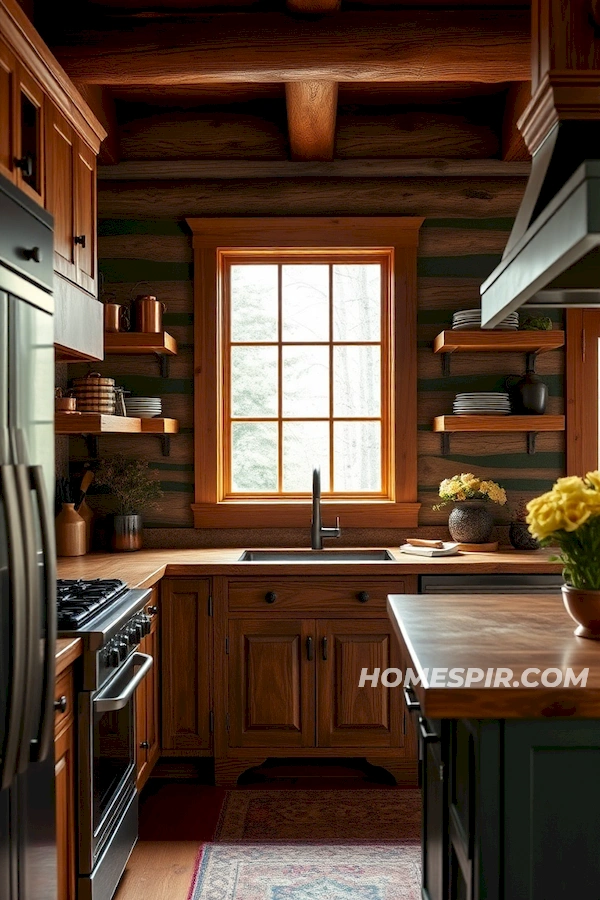 Sunlit Log Kitchen with Wooden Shelves