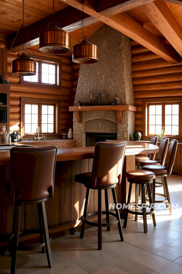 Sunlit Rustic Bar and Log Wall Kitchen