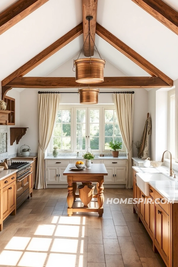 Sunlit Rustic French Kitchen with Vintage Oak Table