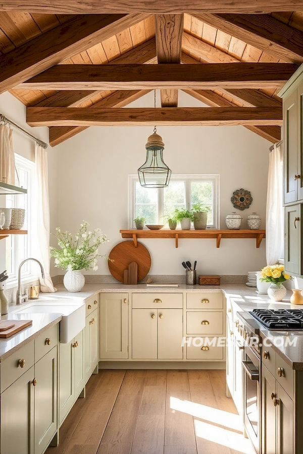 Sunlit Rustic Kitchen with Wooden Beams