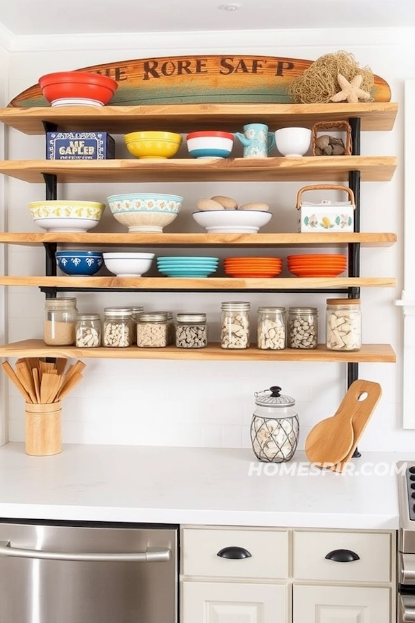 Surfboard Shelf Pantry with Coastal Jar Decor