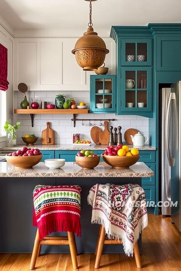 Teal and Maroon Accents in Vibrant Boho Kitchen