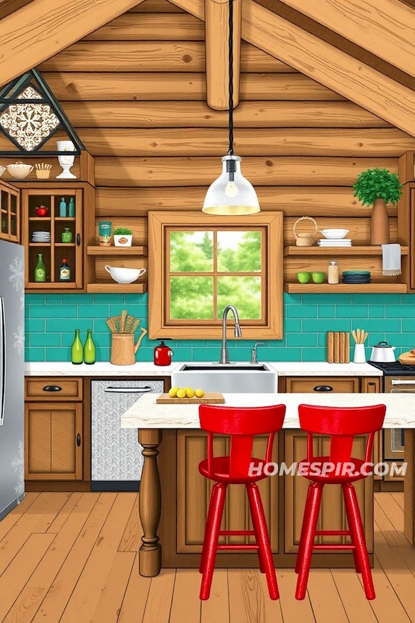 Teal and Red Accents in Log Kitchen