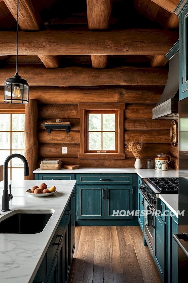 Teal Cabinetry in Rustic Home Kitchen