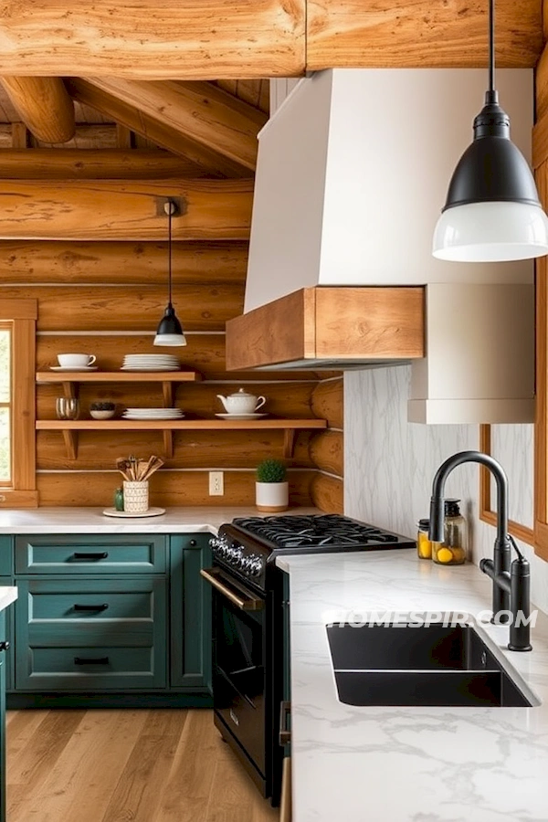 Textured Log Kitchen with Marble Contrast